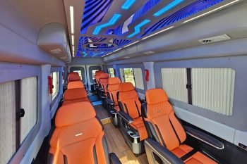 Luxurious Limousine van 10 seats interior with leather seats and modern amenities on the Eco Limousine company from Hanoi to Sapa