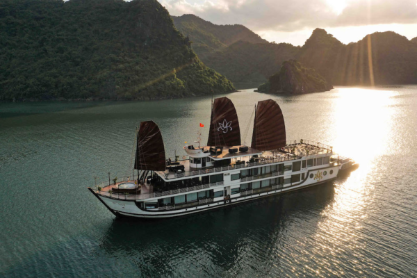 Orchid Classic Cruise sailing through Ha Long Bay at sunset